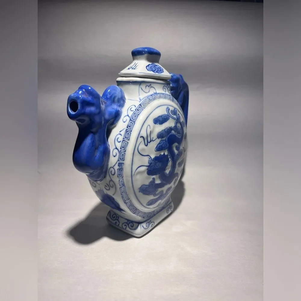Vtg Dragon Design TeaPot Decorative White Blue Collectible Made In China
